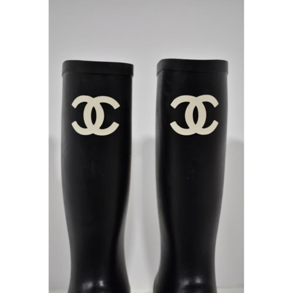 Chanel 22K Black White Caoutchouc CC Logo High Pull On Rubber Rain Boots 42 - Picture 6 of 12